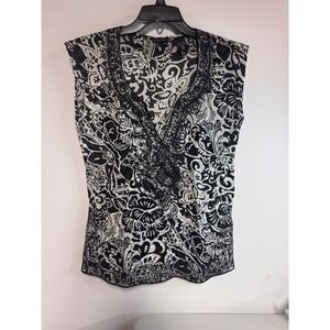 New York & Company Black White Paisley Beaded V-Neck Cotton Sleeveless Top XS